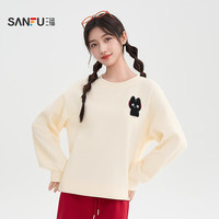 三福(SANFU)卫衣2025冬季小猫魔术贴苹果图案加绒圆领上衣女装510503 杏灰色 L
