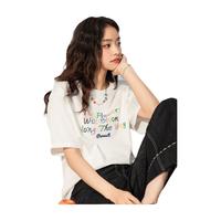 LAGOGO彩虹舒软白T恤女拉谷谷2025年春季清爽纯棉落肩袖上衣