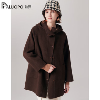 帕罗（PALUOPO）秋冬女士骆驼绒连帽羊毛呢子大衣保暖阔版慵懒风双面呢ET23070D 咖啡 L 165/88A