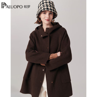 帕罗（PALUOPO）秋冬女士骆驼绒连帽羊毛呢子大衣保暖阔版慵懒风双面呢ET23070D 咖啡 L 165/88A