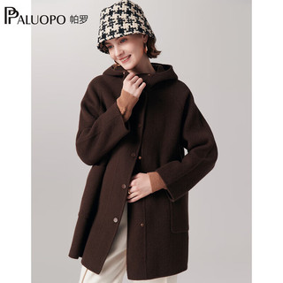 帕罗（PALUOPO）秋冬女士骆驼绒连帽羊毛呢子大衣保暖阔版慵懒风双面呢ET23070D 咖啡 L 165/88A