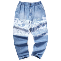 Genanx闪电潮牌浅色牛仔裤男夏天卡通印花宽松直筒哈伦小脚裤男潮 天蓝色 XL