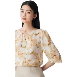 帕罗 夏真丝t恤女流苏印花冠乐绉泡泡缎新款珠订扣圆领上衣