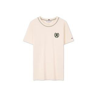TOMMY HILFIGER 24春季女纯棉植绒麦穗字母合身针织短袖上衣WW0WW41903 米白色AEF L