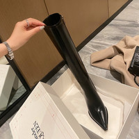 大骞真皮长筒靴女尖头高跟骑士靴不过膝复古棕色长靴显瘦粗跟高筒靴 黑色 3