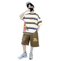 【撞色条纹T+大口袋工装裤】2025夏季男童百搭时尚套装