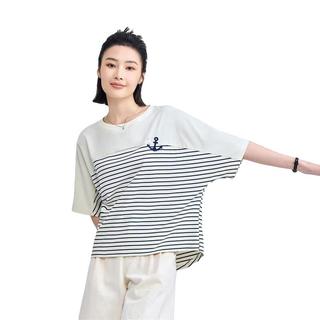 佐丹奴短袖T恤女条纹海鸥船锚刺绣宽松蝙蝠袖海魂衫18324214 01蓝白条纹 L