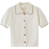 茵曼（INMAN）夏季田园减龄撞色边正肩宽松舒适短袖T恤女18322|207 浅米杏 XL