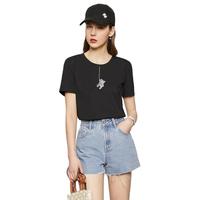 【冰瓷棉】夏休闲百搭短袖白色T恤女冰瓷棉小熊绣花上衣