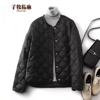 子牧棉麻2024秋冬装 女轻薄款棉服圆领短款时尚菱形格外套1508 杏色 X