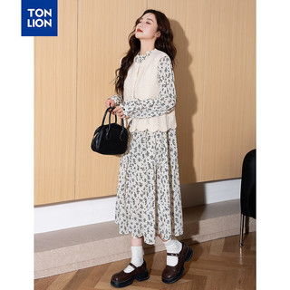 唐狮（TonLion）女塔克线碎花长袖连衣裙背心 乳白 L