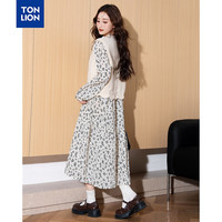 唐狮(TonLion)女塔克线碎花长袖连衣裙背心 乳白 L