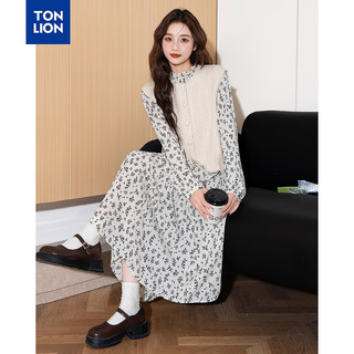 唐狮（TonLion）女塔克线碎花长袖连衣裙背心 乳白 L