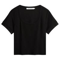 Calvin Klein Jeans夏季女士简约ck字母压印袖口辣妹短款重磅短袖T恤J221677 BEH-太空黑 S