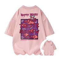 查尔斯桃心潮牌短袖T恤男女同款 小恶魔联名款休闲印花宽松打底衫 M 粉红色