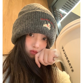 勋阳宇乐冬季可爱小狗刺绣保暖针织冷帽毛线帽女显脸小百搭大头围帽子 LUC狗刺绣【米白色】