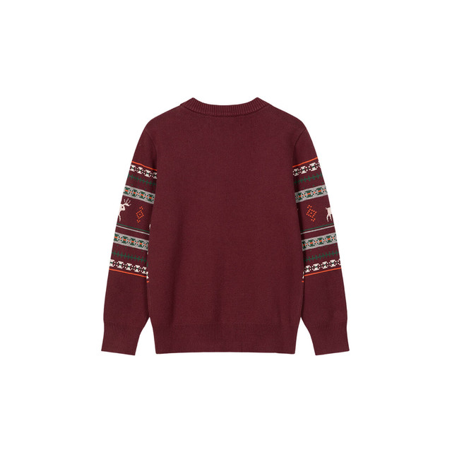 暇步士 童装儿童男女大童2025冬季系列童趣小鹿套头舒适线衣 波尔多红 130 cm