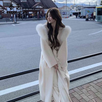 春乏2025年秋冬流行中长款双面绒毛呢外套女大毛领法式小个子呢子大衣 米白色【白灰色毛领】 XS 105斤以下