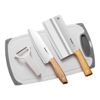 拜格菜刀家用切片刀菜板套装不锈钢水果刀剪刀厨师厨房切肉刀具 木柄刀具三件套+小麦菜板