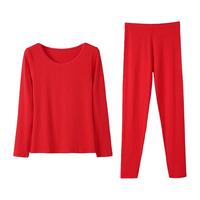 安之伴保暖内衣女亲肤棉保暖简约纯色修身蕾丝圆领女士秋衣秋裤两件套 大红 L