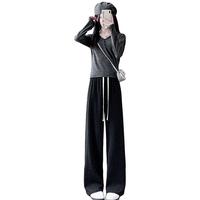 薇靡雅 WEIMIYA阔腿裤秋冬季高腰显瘦宽松直筒裤子灰色休闲长裤女装 黑色 S70-95斤