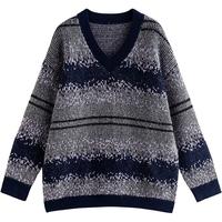 初语上衣女2025冬季费尔岛提花条纹V领宽松中长款仿牛绒毛衣 藏青灰 M