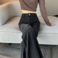 黑灰色阔腿牛仔裤女2025年秋冬高腰加绒小个子宽松直筒裤