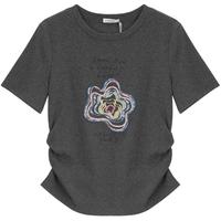 LAGOGO灰色修身花朵正肩T恤女士拉谷谷2025年夏季设计感短袖