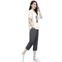 艾珠儿棉麻休闲裤女夏装运动休闲减龄显瘦小个子夏天时尚两件装裤子 灰色 L