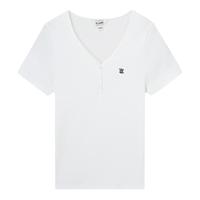 Eland衣恋T恤女爱心领半开襟正肩格雷系修身显瘦上衣内搭夏季款