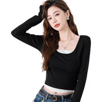 加绒可选假两件长袖t恤女秋上衣保暖减龄百搭显瘦打底衫