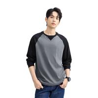 春季纯棉拼色插肩针织圆领长袖T恤男士