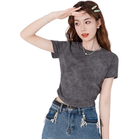 扎染短袖t恤女夏季高级感甜酷风显瘦正肩圆领紧身上衣女式t恤