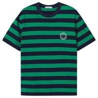 美特斯邦威T恤男2024夏季时尚拼色舒适条纹圆领针织短袖上衣 蓝绿 165/S