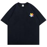 四色小花简约设计感短袖t恤男潮牌纯棉大码宽松休闲黑色半袖