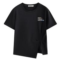 米子旗纯棉短袖t恤女夏季2024休闲别致宽松不对称设计感上衣 杏字5871左胸小黑色 L