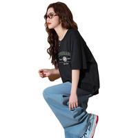 唐狮短袖T恤女前胸字母印花圆领短袖T恤 黑色 S