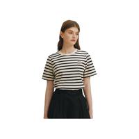 ELAND衣恋短袖T恤女宽松纯棉基础款条纹舒适上衣2024夏季 黑色(19)Black S/160