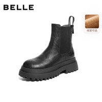 百丽（Belle）百搭切尔西靴女2025冬厚底增高休闲短靴E7R1DDD5 黑色-绒里 34