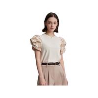 ELAND衣恋短袖T恤女泡泡袖格纹拼接宽松上衣学院风夏装 卡其色(35)Beige L/170