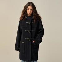 E.LAND 【绵羊毛】衣恋毛呢外套女单排扣带帽大衣2025冬季
