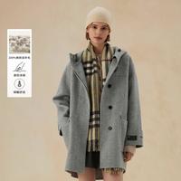 E.LAND 【100%绵羊毛】Eland毛呢外套女连帽牛角扣手工大衣秋冬