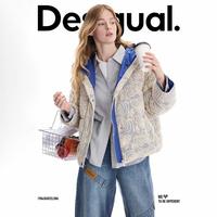DESIGUAL 25秋冬90白鸭绒撞色花卉肌理网格连帽女士羽绒服