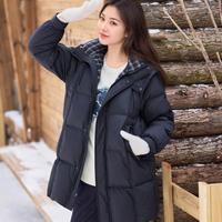 慕姗诗怡 大码女装2025冬装时尚磨毛格子拼接连帽立领羽绒服外套
