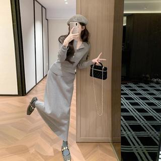 LEATHER CAT 高级感气质针织休闲套装女士一整套穿搭时尚长袖上衣半身裙两件套