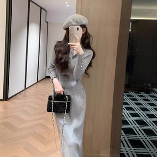 LEATHER CAT 高级感气质针织休闲套装女士一整套穿搭时尚长袖上衣半身裙两件套