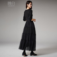 晚白2025秋款简约大方假两件成套穿搭连衣裙气质长袖连衣裙女 黑色 XL