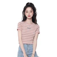 多巴胺条纹短袖T恤女夏季小众设计感小个子短款百搭上衣时尚显瘦