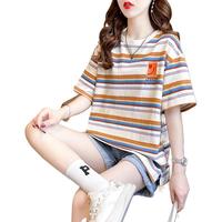 大码女装夏季欧货大版彩色条纹短袖t恤女宽松刺绣纯棉上衣潮 M