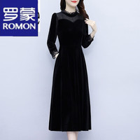 罗蒙（ROMON）轻奢女装丝绒长袖连衣裙女早春装2024新款气质高贵妈i妈裙子女 黑色